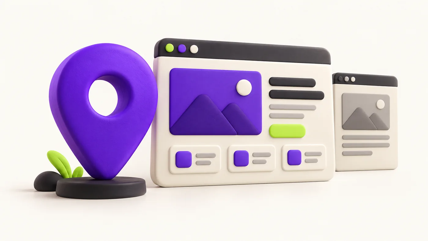 Un repère de localisation violet à côté de deux interfaces de sites internet.