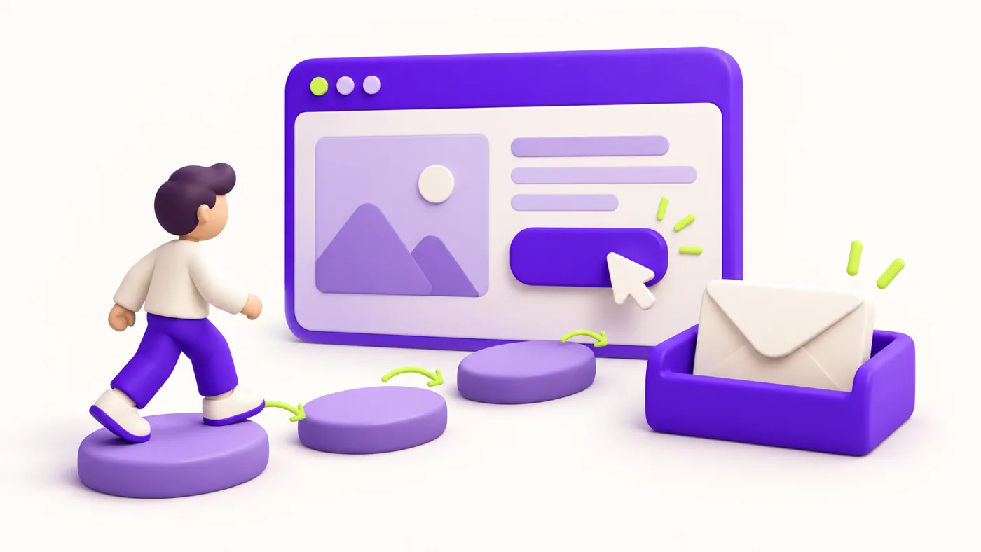 Un site violet relié à une enveloppe de contact, en illustration en volume.