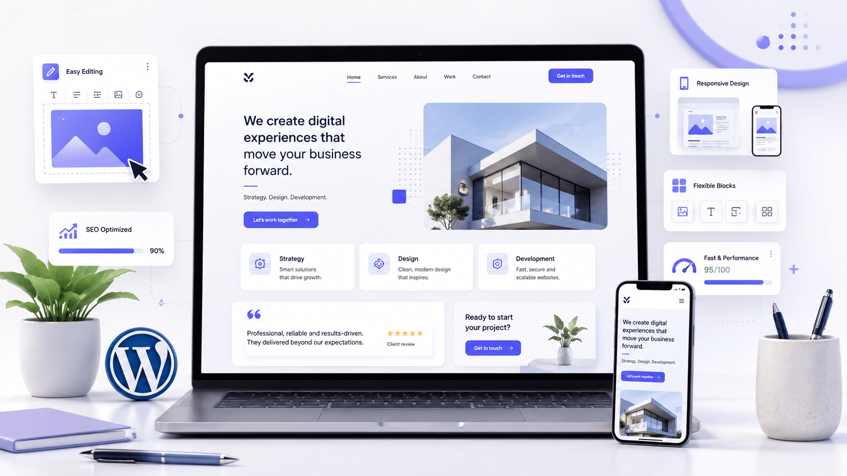 Illustration d’un site vitrine WordPress moderne affiché sur ordinateur et mobile avec blocs de design, SEO et responsive