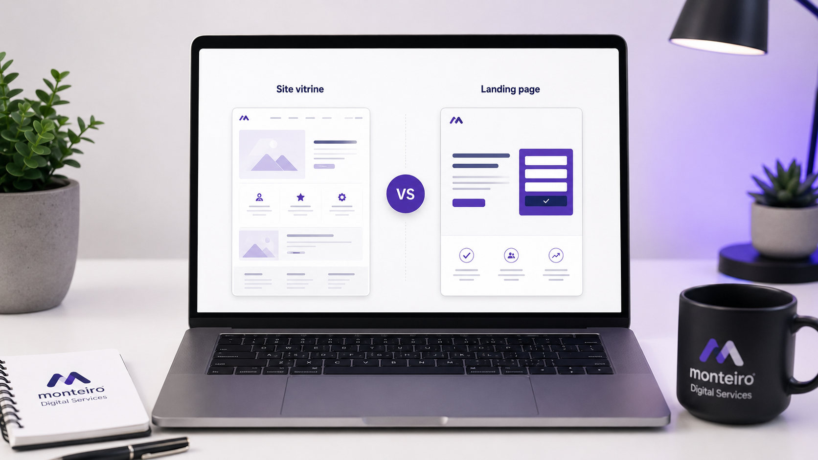 Comparaison sobre entre site vitrine et landing page sur un ordinateur dans un workspace moderne. Comparaison sobre entre site vitrine et landing page sur un ordinateur dans un workspace moderne.