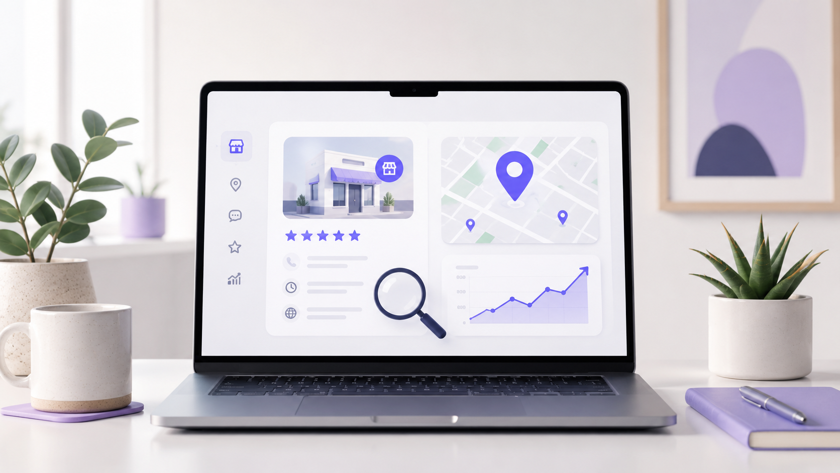 Interface épurée de fiche Google Business Profile avec carte locale, avis clients et indicateurs de visibilité. Interface épurée de fiche Google Business Profile avec carte locale, avis clients et indicateurs de visibilité.
